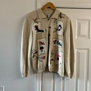 Alfred Dunner Lg Holidays Christmas Sweater Holly Berries Birds Snow 8 Buttons